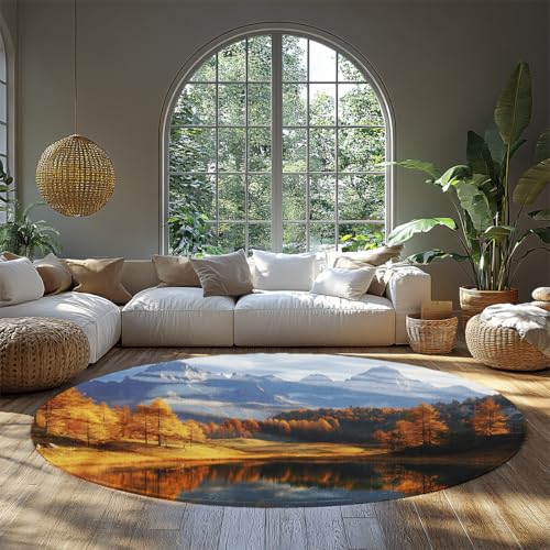 BYLEEHOMED Herbst Wald Szenerie Runder Teppich 120 cm Berg- und Seeszene Druck Wohnzimmer Warme Herbstfarben Weicher Kreis Teppich für Spielzimmer BYLEEHOMED Herbst Wald Szenerie Runder Teppich 120 cm Berg- und Seeszene Druck Wohnzimmer Warme Herbstfarben Weicher Kreis Teppich für Spielzimmer von BYLEEHOMED