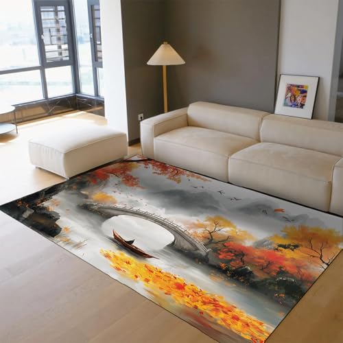 BYLEEHOMED Herbstlandschaft Teppich 80x150cm Orientalische Teppiche im traditionellen Stil für Wohnzimmer Waschbar Maschine Rutschfester Teppich für unter Tisch von BYLEEHOMED