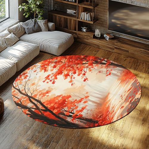 BYLEEHOMED Herbstlicher Ahornblatt-Kreisteppich 120 cm Nebelwaldteppich mit Rutschfester Rückseite für das Wohnzimmer Weicher niederfloriger runder Teppich mit Herbstdesign von BYLEEHOMED