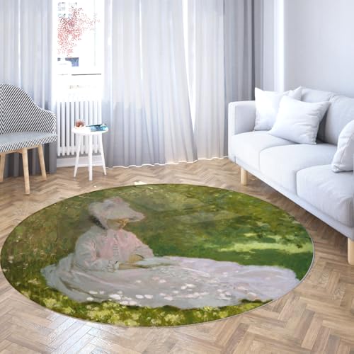 BYLEEHOMED Impressionistischer Stil Frühling Runder Teppich Monet-Stil Malerei Ästhetische Kunst Design Waschbarer Anti-Flecken-Kreisteppich für Sofa 180 cm von BYLEEHOMED