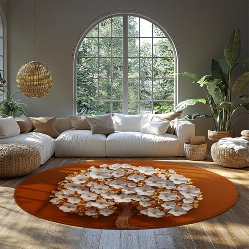 BYLEEHOMED Kirschblüten Kreis Teppich 210 cm Super Soft Brick Rot Großes Wohnzimmer Nachttisch Runder Teppich rutschfest Waschbar Ankleidebereich Dekor von BYLEEHOMED