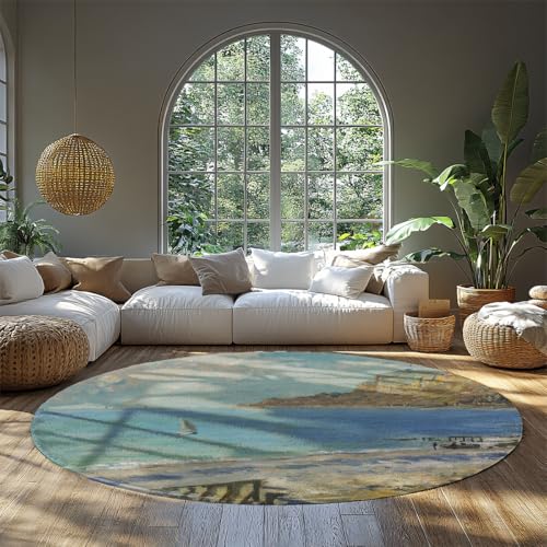 BYLEEHOMED Küstenlandschaft Runder Teppich 150 cm Sainte-Adresse Kunstwerk Druck Flachflor Kreis Bodenmatte Moderne Leseecke Ästhetisches Dekor von BYLEEHOMED