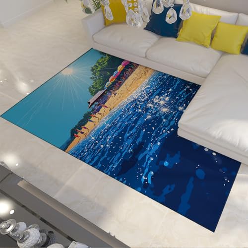 BYLEEHOMED Küstenurlaubsteppich Sonnenschirme und funkelnder Meeresteppich für EIN erfrischendes Zuhause Waschbare Teppiche mit Gummirücken 100x150cm von BYLEEHOMED