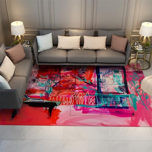 BYLEEHOMED Moderne abstrakte Teppiche 160x230cm waschbare rosa Teppiche für Wohnzimmer niedriger Flor rutschfeste Bunte Pflanzen Graffiti Bereich Teppich für Klassenzimmer von BYLEEHOMED