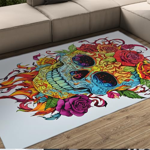 BYLEEHOMED Moderner Graffiti Schädel Bereich Teppich Waschbar Kleiner Eingangsbereich Teppich Faltbar rutschfeste niedrige Flor Wurf Nachttisch Dekor 120x170cm von BYLEEHOMED