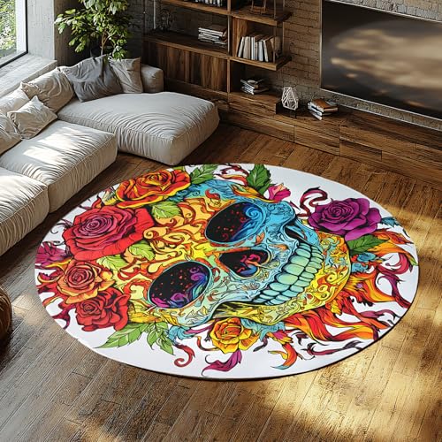 BYLEEHOMED Moderner Graffiti Schädel Runde Fläche Teppich Waschbar Kleiner Eingangsbereich Kreis Teppich Faltbar rutschfest Low Flor Throw Nachttisch Dekor 60x60cm von BYLEEHOMED