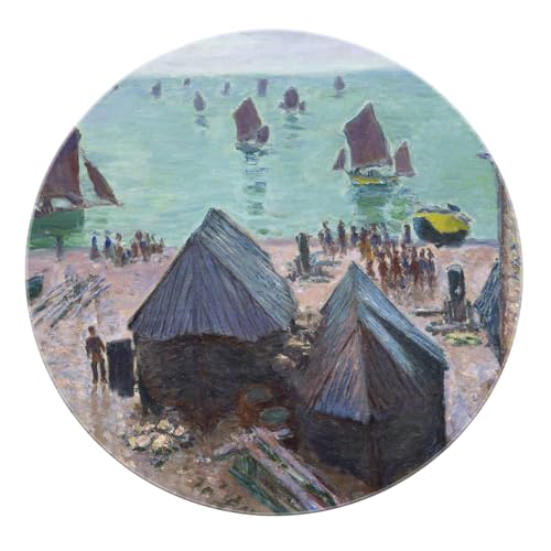 BYLEEHOMED Monet Stil Küstenlandschaft Design Zirkulärer Teppich Abfahrt der Boote Runde Fläche Teppich rutschfest niedrigflorige Leseecke Dekor 60 cm von BYLEEHOMED