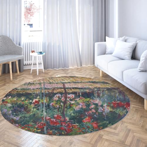 BYLEEHOMED Monet Style Pfingstrose Garten Waschbarer Kreisteppich 120 cm Impressionistischer weicher, Rutschfester runder Teppich mit niedrigem Flor für runde Esstisch-Leseecke von BYLEEHOMED