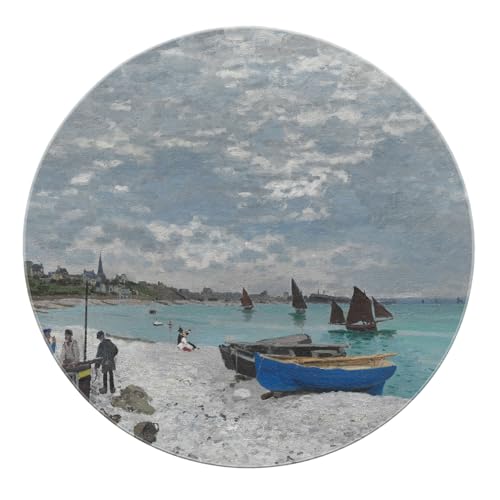 BYLEEHOMED Monet Style Seaside Runder Teppich 210 cm Strandszene Küstendekor niedrigfloriger ultradünner Rutschfester weicher maschinenwaschbarer Kreisteppich von BYLEEHOMED