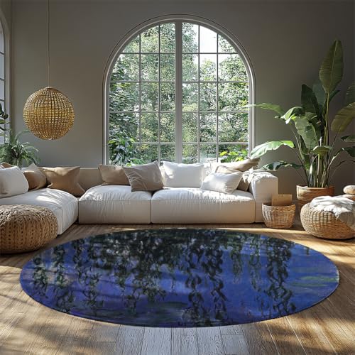 BYLEEHOMED Monet inspirierter Abstrakter Willow Design Runder Teppich Waschbarer weicher runder Teppich 120 cm niedriger Flor Faltbarer Rutschfester Ankleidebereich Dekor von BYLEEHOMED