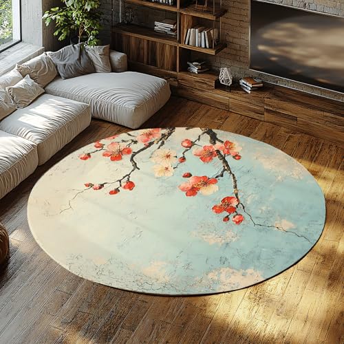 BYLEEHOMED Pflaumenblüten Floral Circle Teppiche Rutschfester, 210 cm weicher, 210 cm waschbarer Schlafzimmer-Indoor-Shabby-Chic-Teppich für die Nachttischdekoration in der Küche von BYLEEHOMED