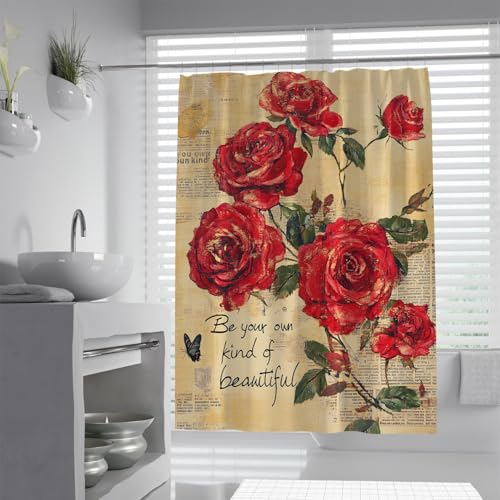 BYLEEHOMED Retro Rote Rosen Duschvorhang Shabby Chic Zeitung Stoff Badezimmer Dekor Wasserdicht Waschbar Romantisch Badezimmer Set Set mit Haken 153x183cm von BYLEEHOMED
