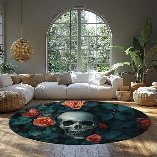 BYLEEHOMED Romantische Totenkopf und Rosen Kreis Teppiche rutschfeste Türmatte Fleckenabweisender Halloween Kleiner LowPile Runder Teppich für Schlafzimmer 150x150cm von BYLEEHOMED