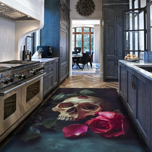 BYLEEHOMED Romantischer Schädel mit Rosen Teppich für den Eingangsbereich Kleiner waschbarer weicher Teppich mit niedrigem Flor und Rutschfester Rückseite für Mädchen Schlafzimmer 140x200cm von BYLEEHOMED