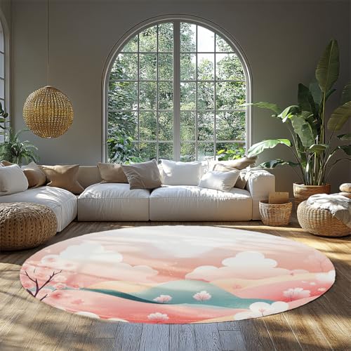 BYLEEHOMED Rosa runder Teppich 210 cm waschbare kreisförmige Teppiche Rutschfester niedriger Flor romantischer Himmel und Blumen Dekor Runder Teppich für Nachttisch-Leseecke von BYLEEHOMED