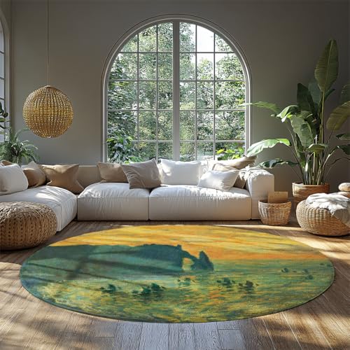 BYLEEHOMED Runde berühmte Gemäldedrucke rutschfeste Teppiche 120 cm Klippen bei Etretat Waschbarer runder Teppich für Esszimmer unter dem Küchentisch von BYLEEHOMED