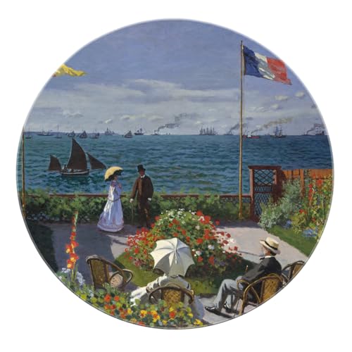 BYLEEHOMED Runder Gartenteppich 90 cm Französische Küstenszene im Monet-Stil Künstlerischer Rutschfester weicher maschinenwaschbarer Kreisteppich für Nachttisch-Leseecke von BYLEEHOMED