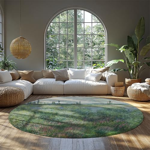 BYLEEHOMED Runder Teppich 150 cm waschbarer niedriger Flor Rutschfester Gartenpflanzen Küstendesign weicher runder Teppich unter einem runden Esstisch Dekoration von BYLEEHOMED