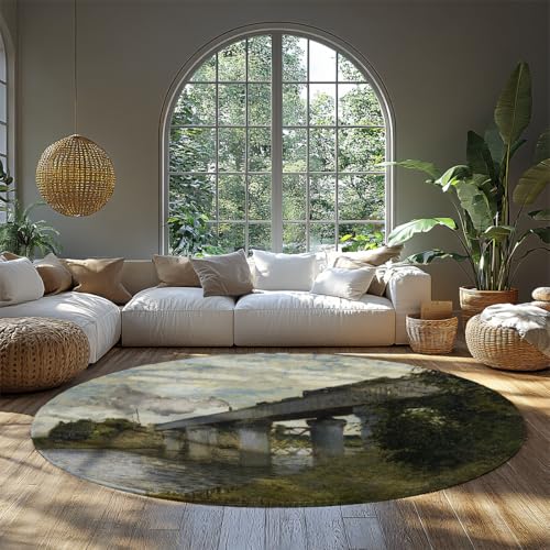 BYLEEHOMED Runder Teppich Monet Landschaft Eisenbahnbrücke Rutschfester weicher waschbarer niedriger Flor Kreisteppich für Wohnzimmer Schlafzimmer Wohnkultur 90 cm von BYLEEHOMED