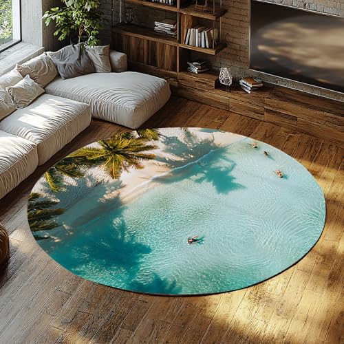 BYLEEHOMED Runder Teppich mit tropischem Stranddruck 120 cm waschbarer smaragdgrüner Strandkreisteppich für Sofa rutschfeste niedrigflorige Küstenluftaufnahme für Couchtisch von BYLEEHOMED