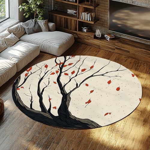 BYLEEHOMED Rustikale Baum Design Runde Teppiche Easy -Cleaning Herbst Laub Kreis Teppich für Wohnzimmer Rutschfester Beige Neutral Teppich für Nachttisch 60 cm von BYLEEHOMED