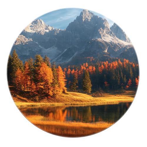 BYLEEHOMED Rustikaler Herbst-Landschafts-Kreisteppich 150 cm Kiefernwald und klarer Seedruck Waschbarer Rutschfester Eingangs-Runder Teppich für das Wohnzimmer von BYLEEHOMED