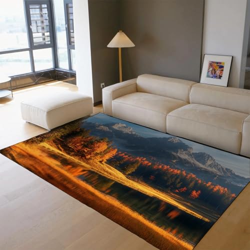 BYLEEHOMED Rustikaler Herbstlandschaftsteppich 180x240cm Kiefern Wald und klarer See Druck maschinenwaschbarer Rutschfester Eingangsteppich für das Wohnzimmer von BYLEEHOMED