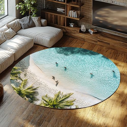 BYLEEHOMED Seaside Coconut Trees Circle Teppiche 150 cm Moderne Insel Escape Scenery Waschbarer großer runder Teppich für das Wohnzimmer ultradünn faltbar von BYLEEHOMED