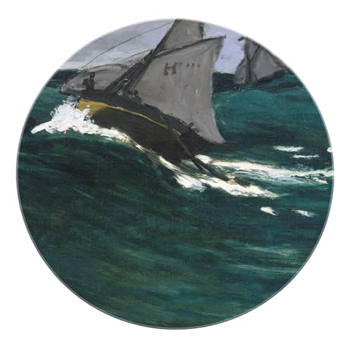 BYLEEHOMED Segelboot Seascape Nautical Round Rugs 150 cm Ocean Waves Low Flor Rutschfester Kreisteppich für das Wohnzimmer Waschbarer schmutzabweisender Teppich von BYLEEHOMED