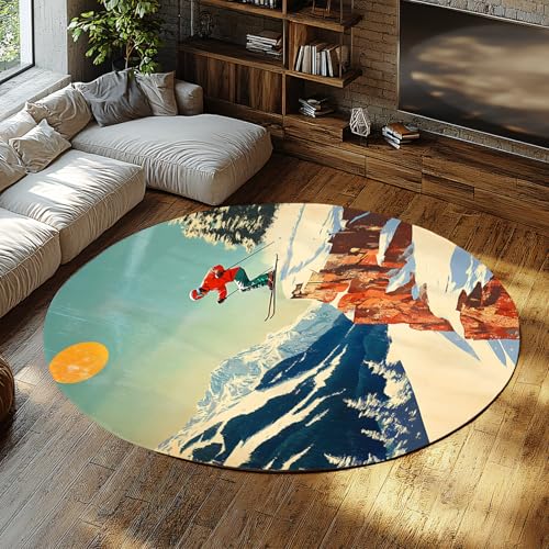 BYLEEHOMED Skifahren Runde Teppiche 90 cm Extremsport Weiche niedrig Flor Fußmatten Berg Schnee Landschaft Druck rutschfest waschbar Kreis Teppich Wohnkultur von BYLEEHOMED