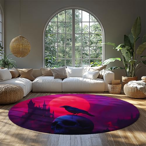 BYLEEHOMED Skull Circle Teppiche 120 cm Nebel Halloween Willkommen Türmatte Rot Vollmond Horror Thema Wohnzimmer Runder Teppich für Eingangsdekoration von BYLEEHOMED