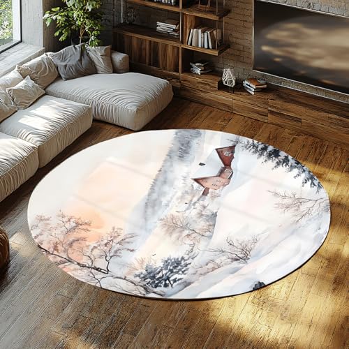 BYLEEHOMED Snow Scene Circle Teppich 150 cm Winter Cabin Scene Waschbarer runder Teppich mit Gummirücken für Spielzimmer Klassenzimmer Wohnheim Kindertagesstätte Dekor von BYLEEHOMED