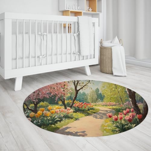 BYLEEHOMED Spring Garden Runder Teppich 60 cm Nachttischmatte mit Tulpe Blumendruck Weicher Naturpfad Muster Dünner Kreis Teppich für Schlafzimmer Spielzimmer BYLEEHOMED Spring Garden Runder Teppich 60 cm Nachttischmatte mit Tulpe Blumendruck Weicher Naturpfad Muster Dünner Kreis Teppich für Schlafzimmer Spielzimmer von BYLEEHOMED