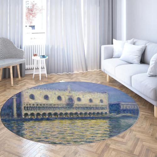 BYLEEHOMED Stadtbild auf Wassermuster Runder Teppich 180 cm Der Dogenpalast Berühmte Gemäldedrucke Weicher waschbarer Kreisteppich für das Bett von BYLEEHOMED