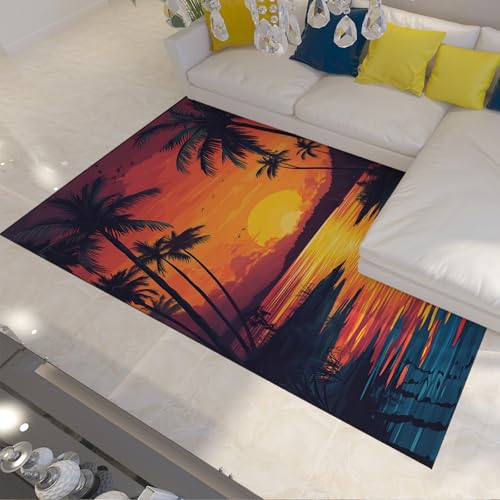 BYLEEHOMED Sun Setting Over Ocean Teppich für Flur Eingangsbereich Palmen Silhouette Teppiche Leicht zu reinigender weicher LowPile Nachttischteppich für Zuhause 120x180cm von BYLEEHOMED