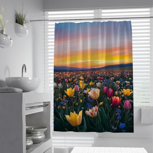 BYLEEHOMED Sunset Floral Duschvorhang Romantisch Boho Tulpe Frühling Garten Thema Natur Botanischer Badevorhang für Badezimmer mit Haken 183x183cm von BYLEEHOMED