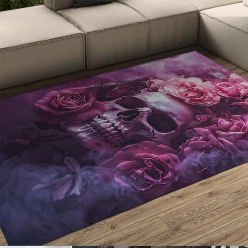 BYLEEHOMED Totenkopf und Rosen Gothic Indoor Türmatte Dunkel Preppy Stil Bodenfläche Teppich 180x240cm Eingangsbereich Wohnzimmer rutschfeste Bodenmatte Home Decor von BYLEEHOMED