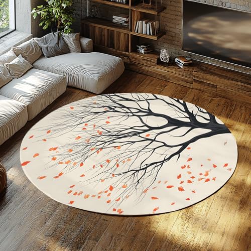 BYLEEHOMED Toter Baum Landschaft Runder Teppich Neutrale Herbstfarben Kreis Teppiche 210 cm Wohnzimmer Ästhetik Dekor Fallen Leaves Teppich mit Gummirücken von BYLEEHOMED