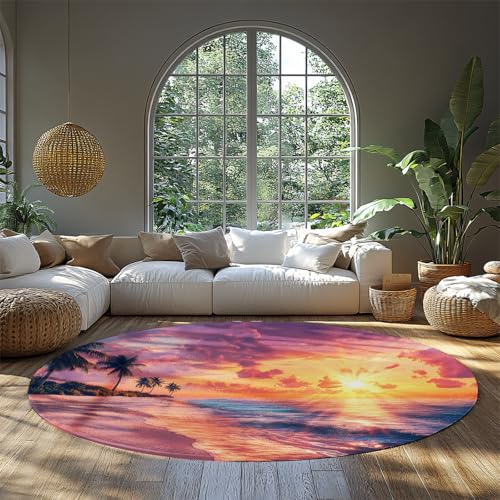 BYLEEHOMED Tropical Beach Sunset Waschbarer runder Teppich 180 cm weicher kreisförmiger Teppich für Schlafzimmer unter dem Esstisch Strand Insel Urlaubsdekoration von BYLEEHOMED