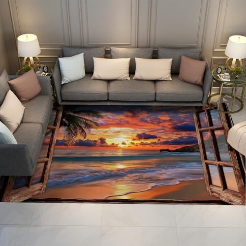 BYLEEHOMED Tropischer Strand Landschaft Bereich Teppich Vintage Gefälschte Fenster Waschbare Teppiche Weicher Rutschfester niedriger Florteppich für Home Office Esszimmer 100x150cm von BYLEEHOMED