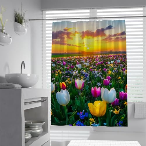 BYLEEHOMED Tulpe Blume Blumen Duschvorhang Bunte Blumen Stoff Badezimmer Vorhang Wasserdicht Waschbar Hell Vorhang Set mit Haken 153x183cm von BYLEEHOMED