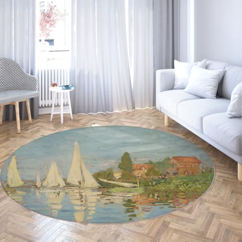 BYLEEHOMED Ultradünner waschbarer runder Teppich 150 cm Regatta-Druckmuster im impressionistischen Stil Rutschfester Rutschfester Kreisteppich mit niedrigem Flor für Kaffee BYLEEHOMED Ultradünner waschbarer runder Teppich 150 cm Regatta-Druckmuster im impressionistischen Stil Rutschfester Rutschfester Kreisteppich mit niedrigem Flor für Kaffee von BYLEEHOMED