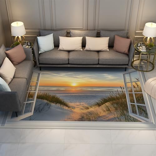 BYLEEHOMED Unkraut Sand Strand Druck Waschbarer Bereich Teppich 180x240cm 3D Gefälschte Fensteransicht rutschfeste Eingangstür Matte Niedriger Flor Dünne Innenbodenabdeckung von BYLEEHOMED