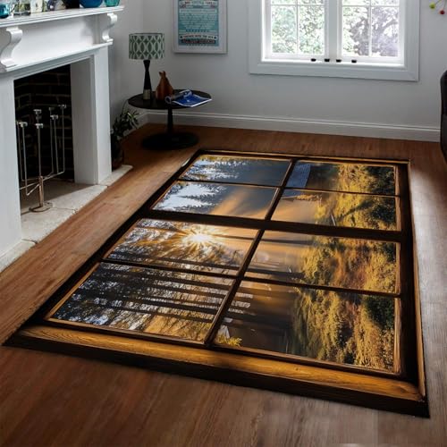 BYLEEHOMED Vintage Faux Fenster Innenteppiche für Wohnzimmer Primitive Dschungel Druck Waschbarer großflächiger Teppich Weicher Rutschfester Bauernteppich 140x200cm von BYLEEHOMED