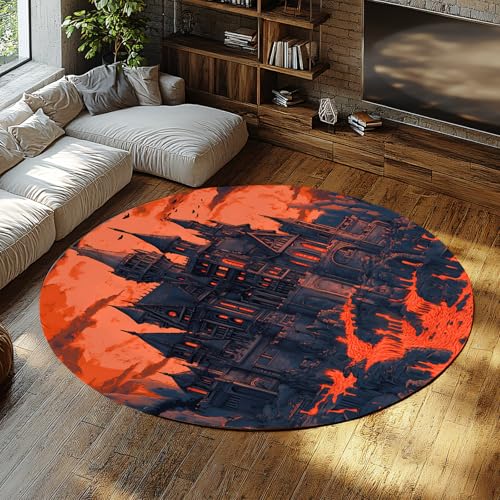 BYLEEHOMED Vintage Halloween waschbarer runder Teppich dunkel Academia Lava Schloss Rutschfester Kleiner Indoor Circle Teppich oder Eingang Küche Schlafzimmer 90x90cm von BYLEEHOMED