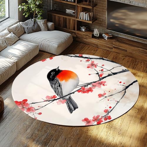 BYLEEHOMED Vintage Runde Teppiche 210 cm Blühende Pflaume und Vogel Prints Wohnzimmer Kreis Teppich Orientalisch Klassisch Blumen Waschbar Anti Rutsch Bodendekoration von BYLEEHOMED