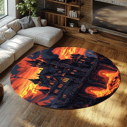 BYLEEHOMED Vintage Runder Teppich für Schlafzimmer brennend Mittelalter Schloss Rutschfester waschbarer Kreis Teppich Weiche niedrigflorige Türmatten für Bar Party 90x90cm von BYLEEHOMED