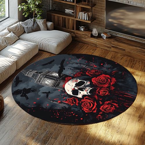 BYLEEHOMED Vintage Schloss Runder Teppich Dunkel Academia Mittelalterliche Burg Rutschfester Kreis Teppich Fleckenbeständigkeit Gothic Weiche Haustür Dekor 120x120cm von BYLEEHOMED