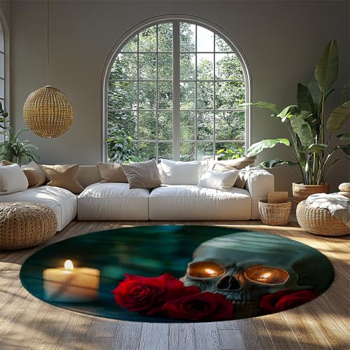 BYLEEHOMED Vintage Totenkopf und Rose waschbarer runder Teppich Dunkles Halloween Horror Dekor Bauernhaus weicher Rutschfester Kreisteppich für Wohnzimmer 90x90cm von BYLEEHOMED