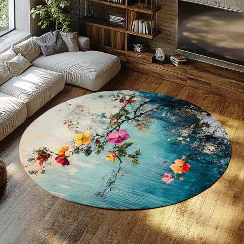 BYLEEHOMED Vintage Wild Flowers Runder Teppich 120 cm Super Soft Large Nachttisch Kreis Teppich Frühling Blumen rutschfeste waschbare Küchenteppiche für Sofa von BYLEEHOMED